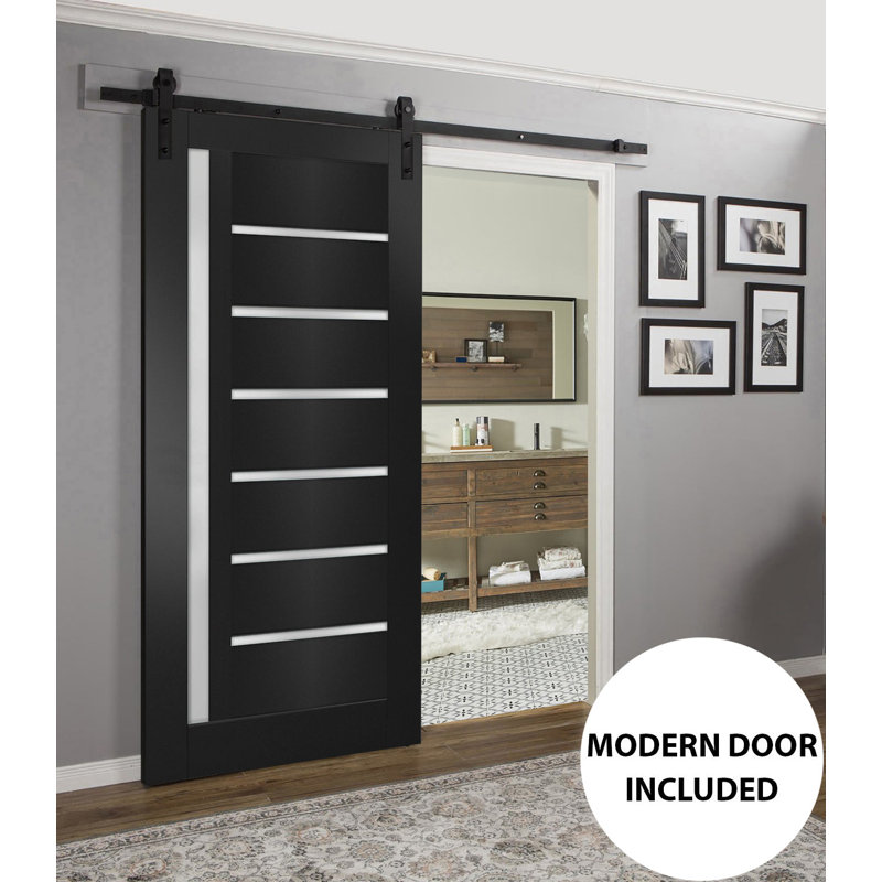 Porte de grange intérieure en verre givré Quadro avec trousse de quincaillerie d'installation, Noir mat, Noir, 36 po x 96 po