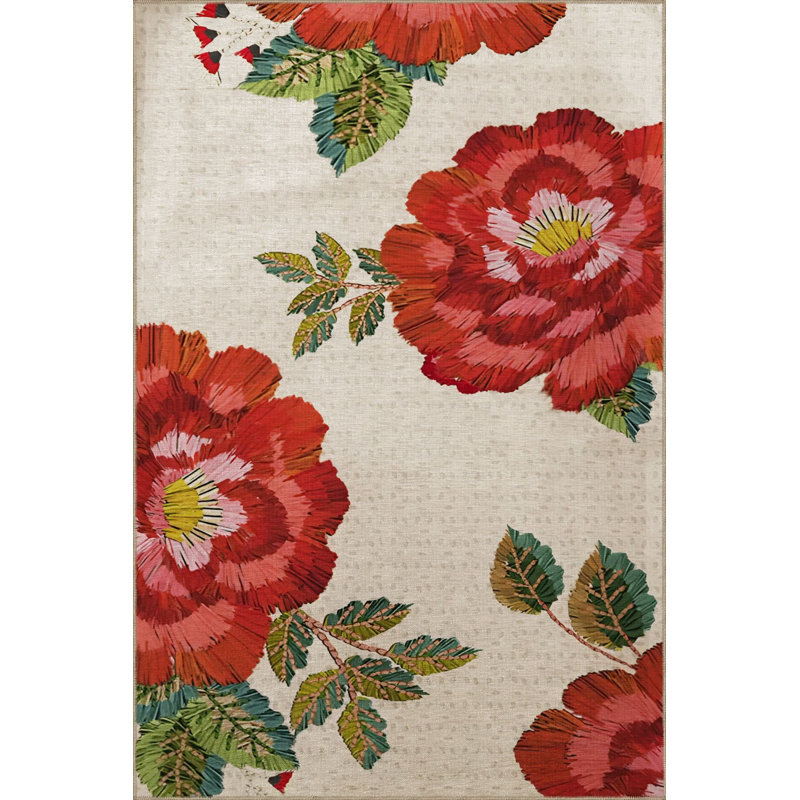 Tapis décoratif rouge moderne à motif de roses et de feuilles lavables à la machine, Rectangle 3 pi 3 po x 4 pi 11 po