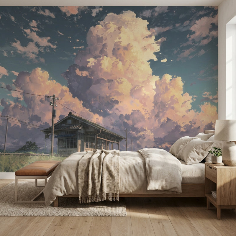 Murale maison de campagne avec nuages, Texturé non collé, 200 po x 120 po