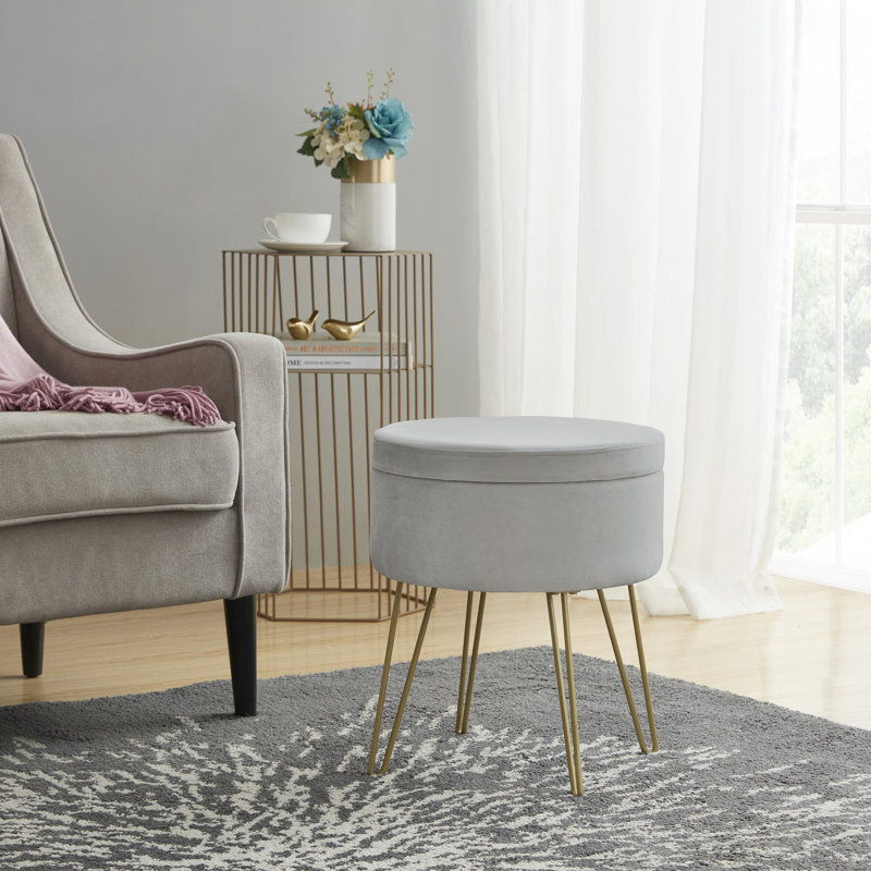 Repose-pieds rond en velours avec rangement 15 po Wolfeboro, Gris clair