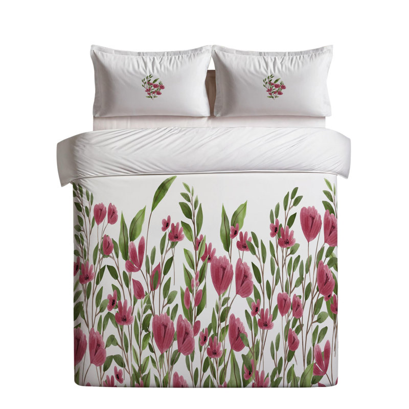 Ensemble de housse de couette, Housse de couette pour lit simple + 1 taie d'oreil, Crème / rose / bourgogne / vert floral