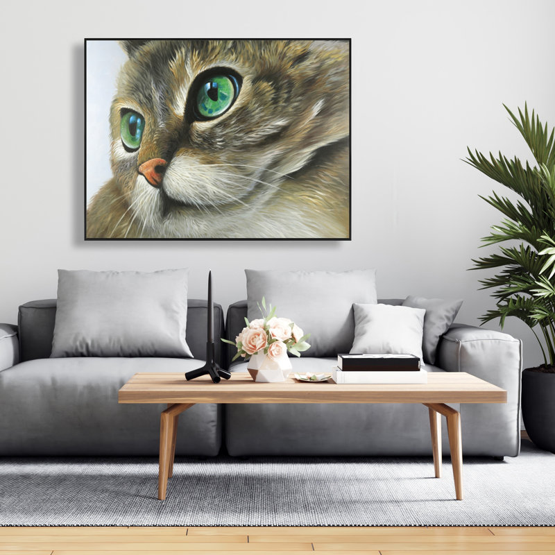 «Peaceful Cat Portrait - Green Hyperrealist», reproduction sur toile encadrée