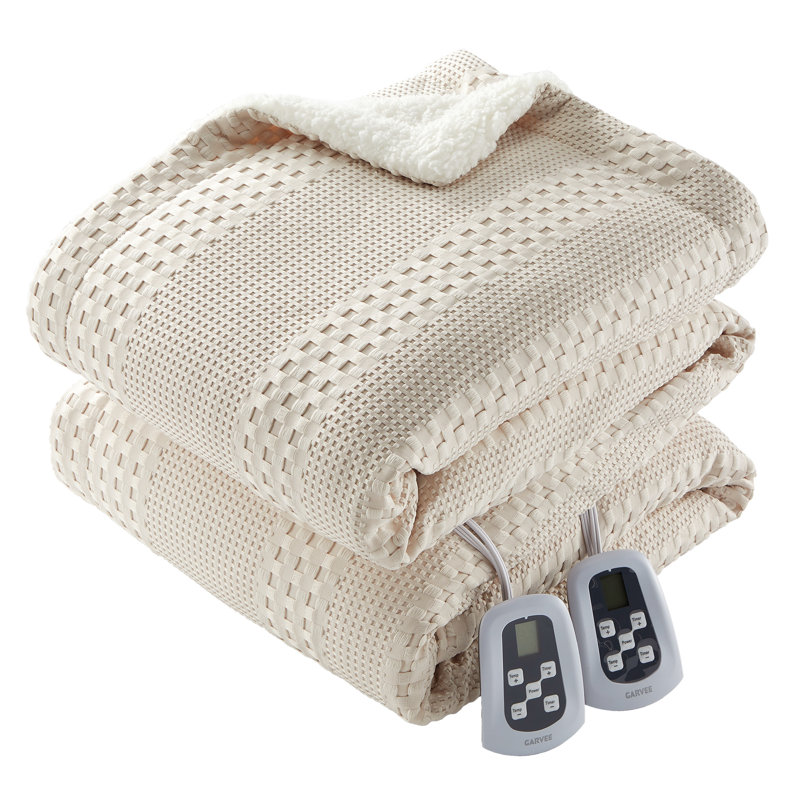 Waffle Weave Electric Heated Throw Blanket with Fleece, Digital Controller, 90*100 inches, Khaki