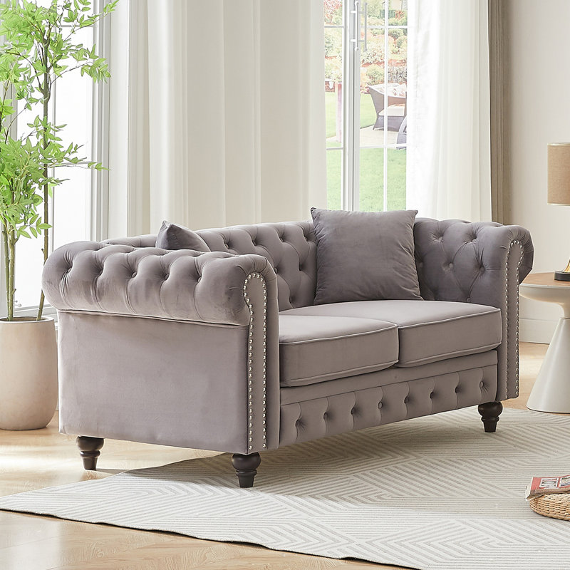 Canapé modulaire 63,5 po Chesterfield, Velours gris velours