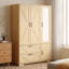 Armoire 4 portes avec miroir, armoire à DEL avec portes et 2 tiroirs, armoire de rangement en bois avec tringle, tablettes réglables, naturel