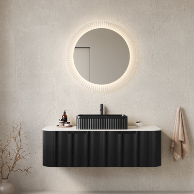 Meuble-lavabo mural 48 po avec lavabo ovale en céramique noire, façade de tiroir rayé 3D et rangement à fermeture en douceur - Pré-assemblé