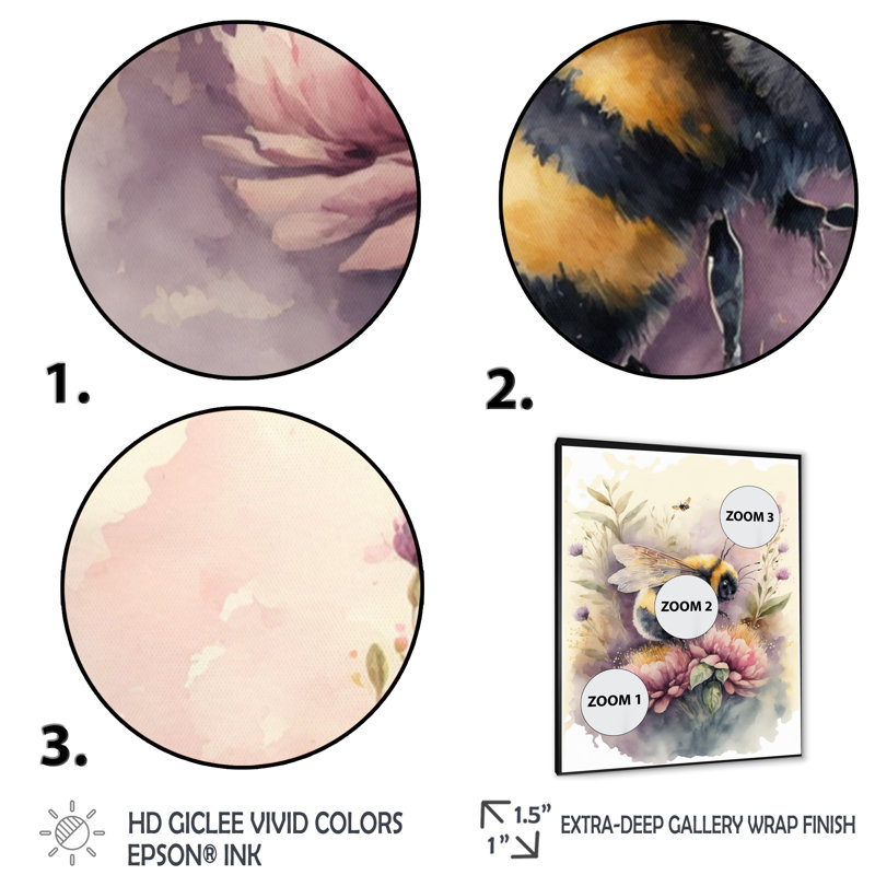 Kashlee Bee Flying To A Flower Watercolour I - Print on Canvas, Black Picture Framed Canvas, 12" W x 20" H