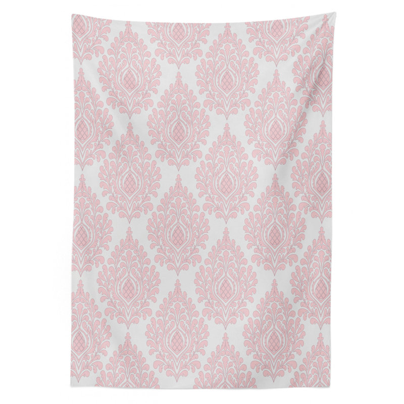 Ambesonne Damask Tablecloth, Damask Pattern Royal Motif Baby Pink Floral Design Victorian Fashioned Print, Rectangular Table Cover For Dining Room Kitchen Decor, 52" X 70", Pink And White