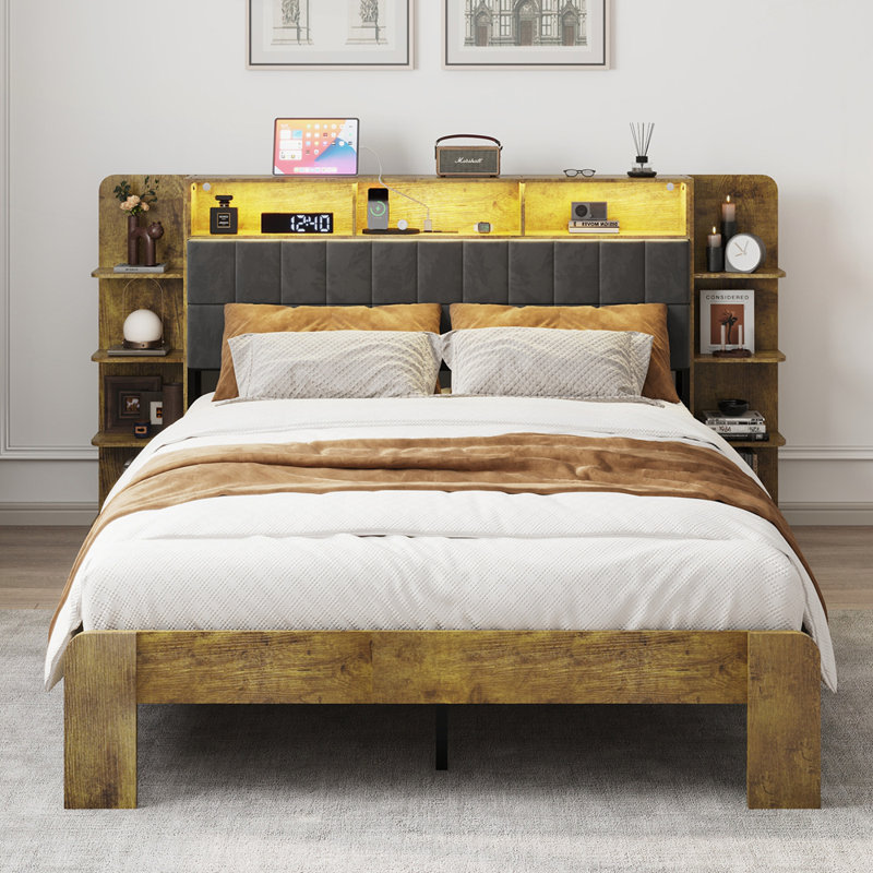 Platform Bed with Storage and Linen Headboard with Bookcase Shelves