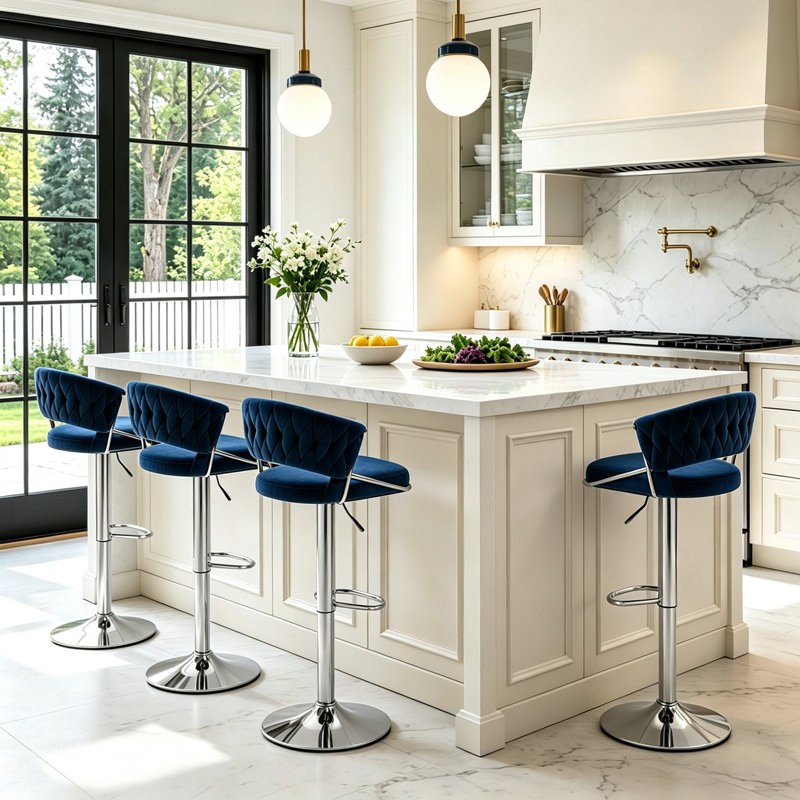 Christal Swivel Upholstered Adjustable Height Counter Stool, Navy Blue, Silver