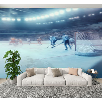 Peel and Stick Wallpaper Red gate empty hockey rink Hockey spotlight Sport Wall Murals 100"H x 144"W Removable PVC Wall Paper Self-Adhesive Wall Paintings Art Decor for Bedroom Living Room Nursery