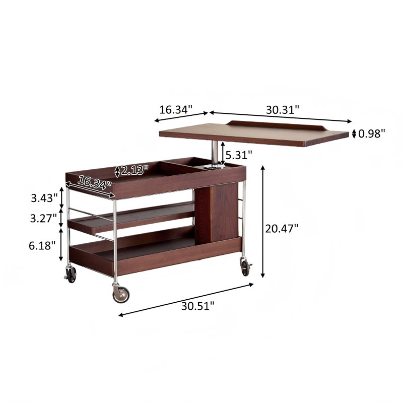 Vintage brownish solid wood height - adjustable mobile side table with storage function