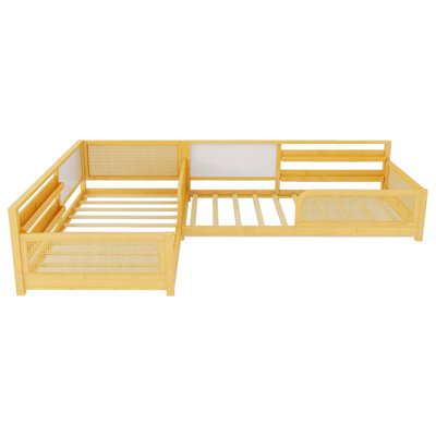 Structure de lit en L, lits convertibles détachables avec tableaux blancs, lit en rotin avec tablettes et lumières