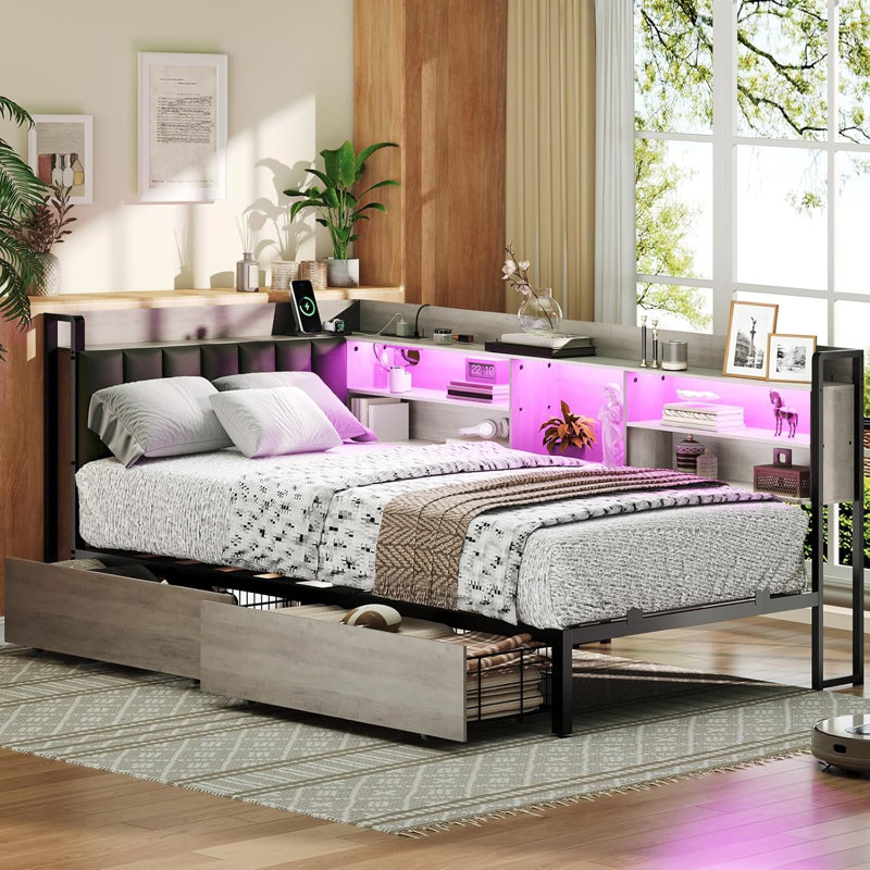 Corner Bed Frame Daybed with Bookcase Storage and PU Upholstered, Twin Size Daybed with 2 Drawers and Charging Station