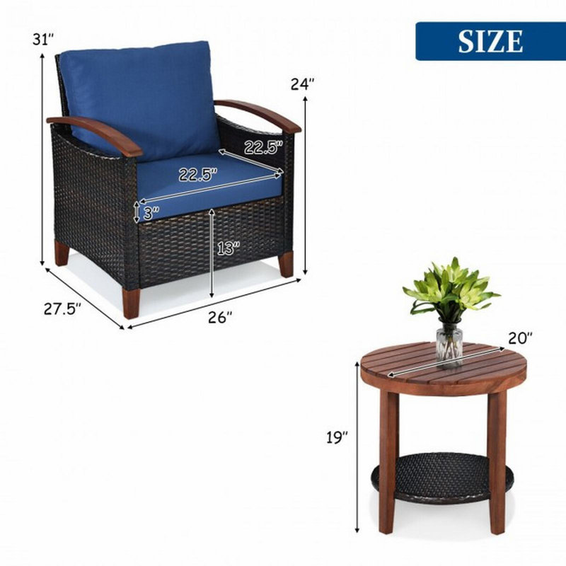 Ensemble de meubles de patio en bois massif 3 pièces, Bleu