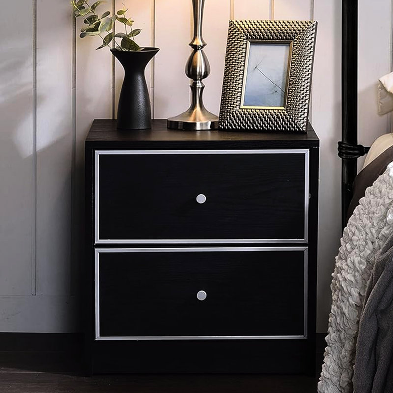 Table de chevet 2 tiroirs de rangement en noir et argent, design résistant argenté avec sections