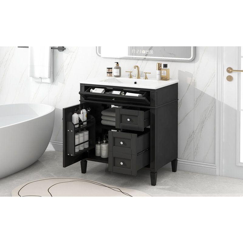 Meuble-lavabo de 30 po avec lavabo supérieur, meuble-lavabo moderne avec 2 tiroirs et tiroir escamotable, meuble-lavabo simple