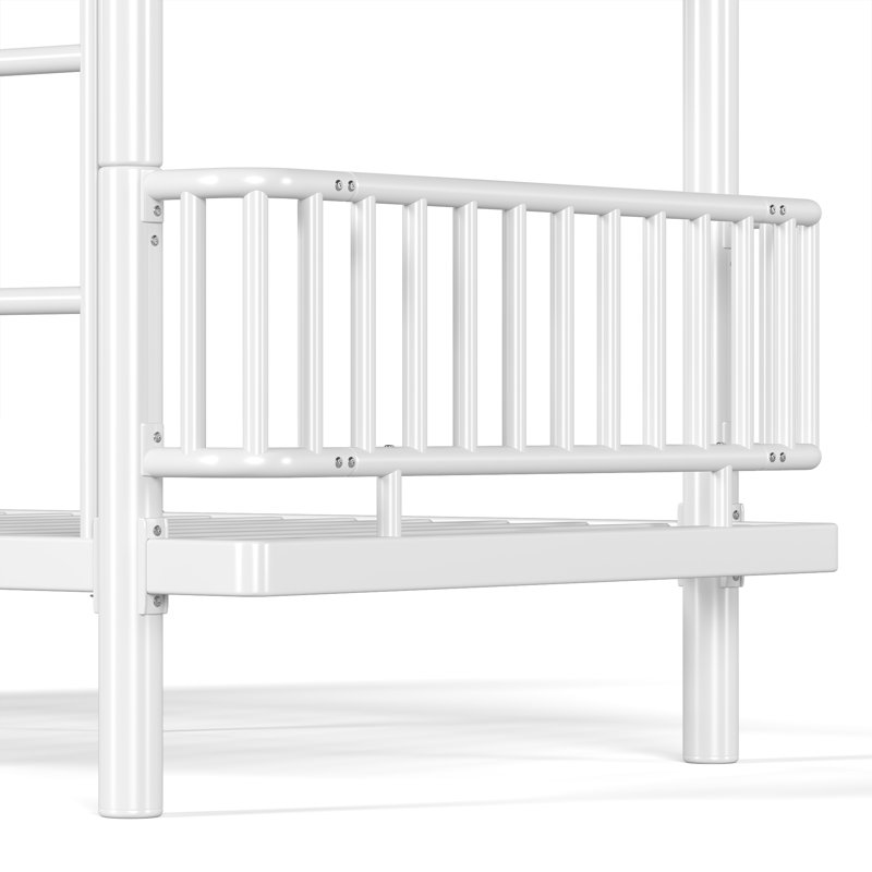 Lit superposé simple en métal convertible simple au-dessus de simple TG, se transforme en 2 lits plateforme séparés, structure tubulaire ronde de sécurité renforcée avec échelles et garde-corps pleine longueur, blanc