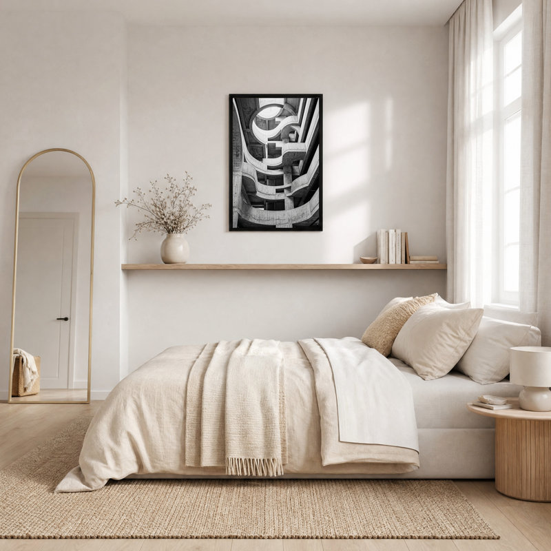 Tableau mural sur toile représentant une rampe en spirale en béton noir et blanc, H 30 po x l 20 po