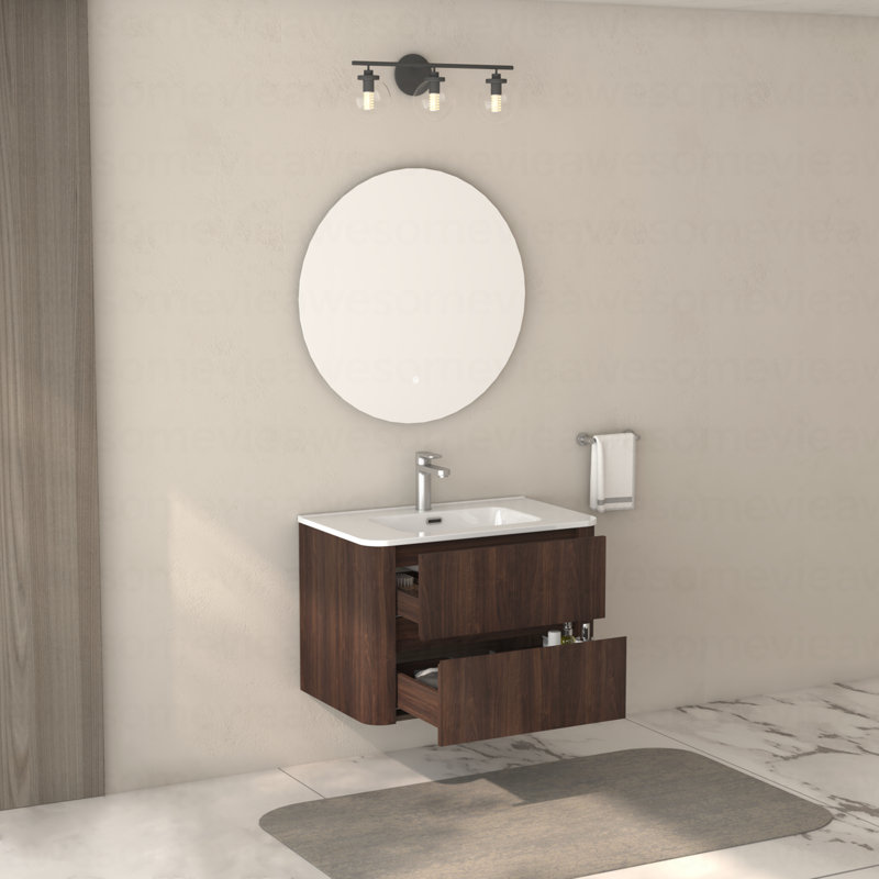 Meuble-lavabo mural 30 po avec lavabo flottant à deux tiroirs en noyer foncé avec lavabo intégré en céramique 30 po