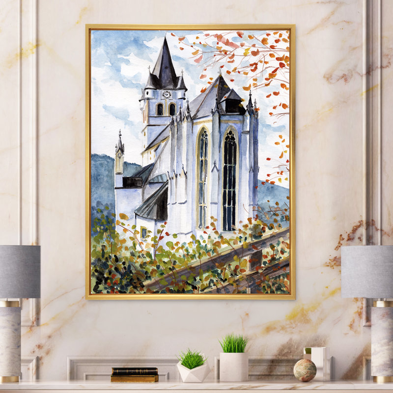 Église gothique verte - Peinture sur toile, H 32 po x l 16 po, Cadre flottant doré