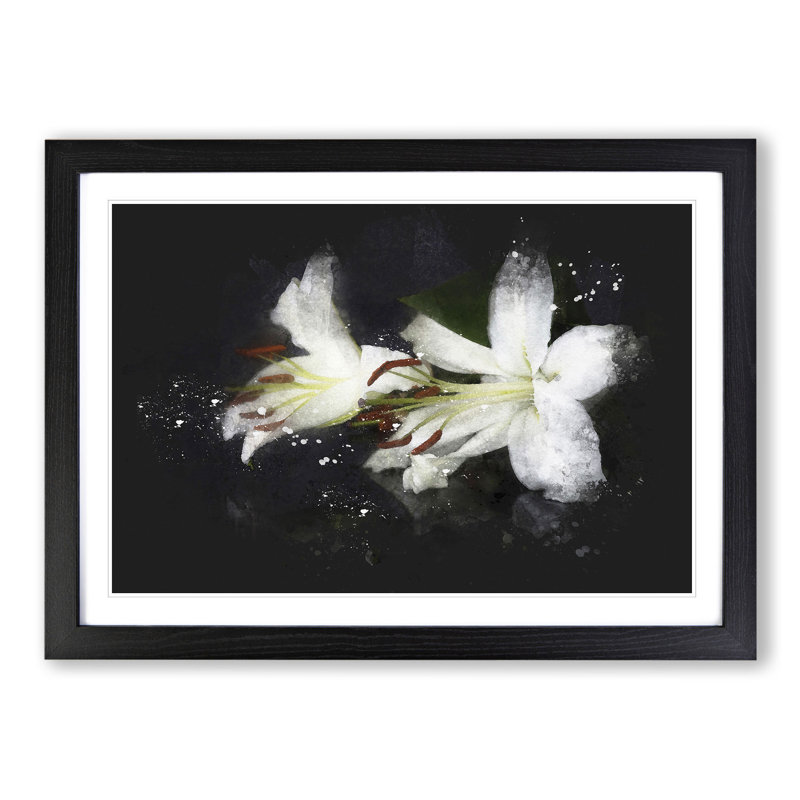 White Lily Flowers - Picture Frame Graphic Art, 27cm H x 36cm W x 2cm D, Black Framed