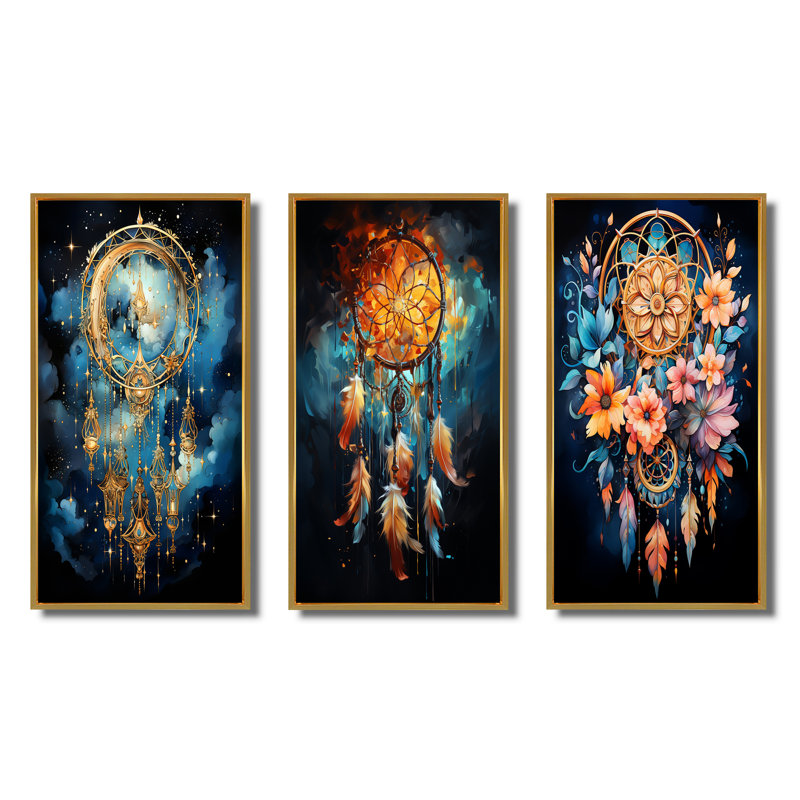 «Gold Dreamcatcher Celestial Dreams», 3 pièces sur toile, Encadrement doré, H 28 po x l 36 po