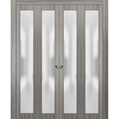Sliding Closet Double Bi-fold Doors 72" x 84" (4* 18x84) Planum 2102 Ginger Ash with Frosted Glass Sturdy Tracks Moldings Trims Hardware Set Wood Solid Bedroom Wardrobe Doors