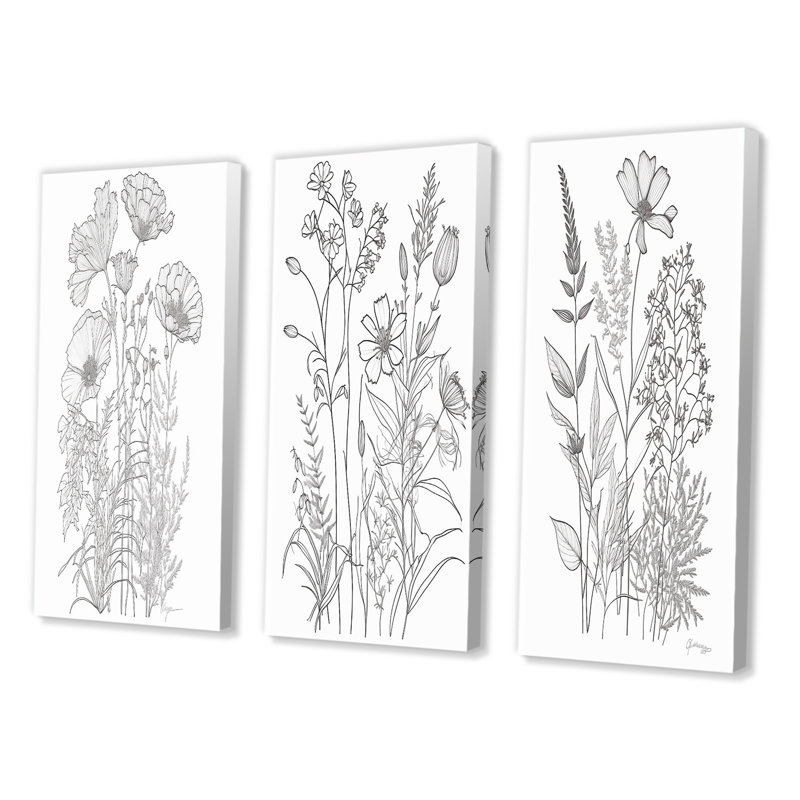 «Minimal Wildflowers Dessin Black On White I», 3 pièces sur toile, Toile tendue, H 32 po x l 48 po