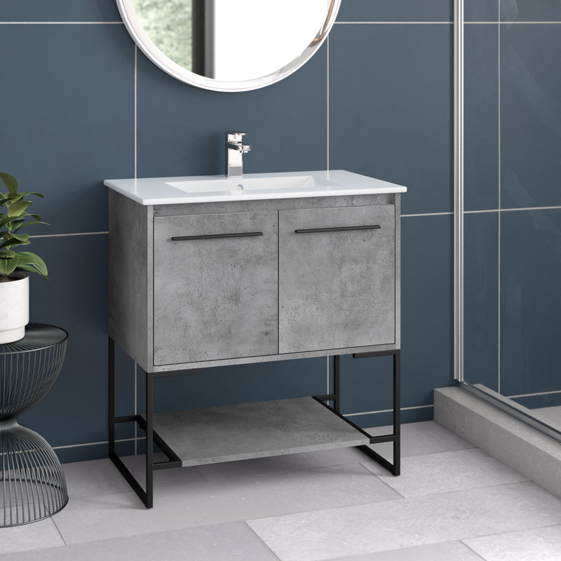 Gerard 30'' Single Bathroom Vanity with Porcelain Top, Concrete Gray