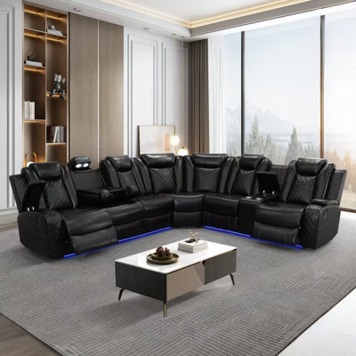 Magean Breathable Leather 3-Piece Living Room Recliner Sofa Set with LED Lighting,Wireless Charger,Storage Armrest (SET OF 3)
