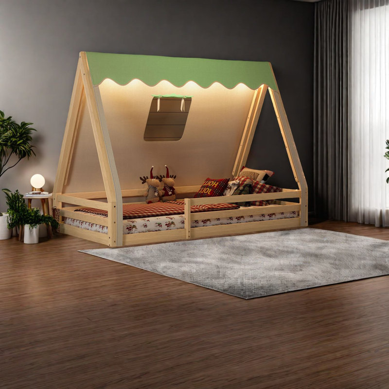 Lit simple en bois avec tente et garde-corps, conception d'inspiration Montessori