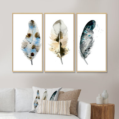 «Colorful Boho Feathers V», reproduction sur toile flottante 3 pièces