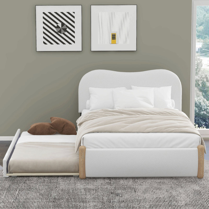 Lit plateforme tapissier avec pieds de support en bois et lit gigogne simple, Lit simple
