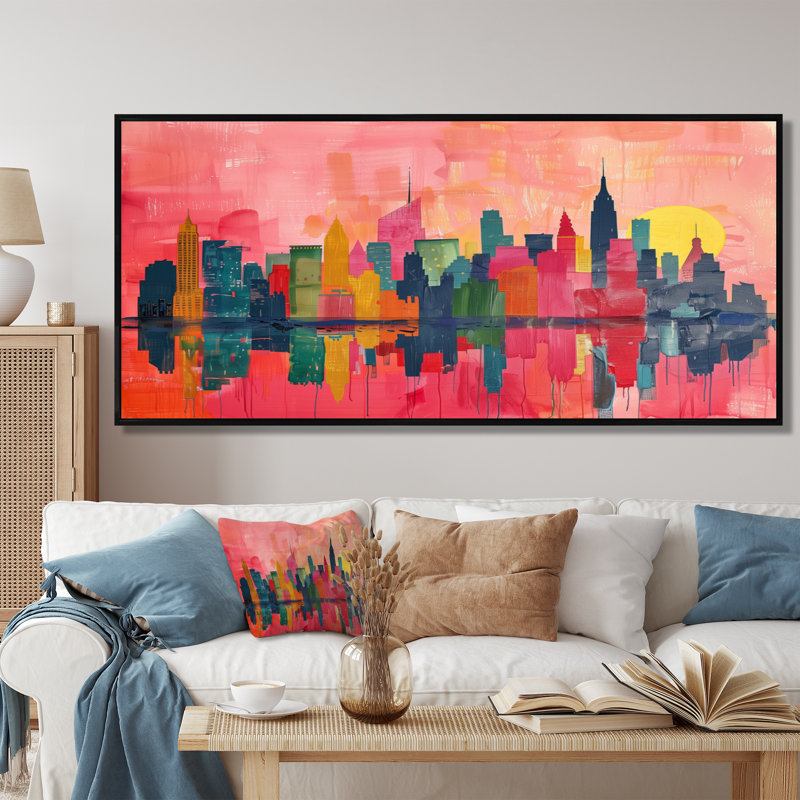 Rose rose gratte-ciel de New York - décoration murale New York, Cadre flottant noir, H 34 po x l 44 po