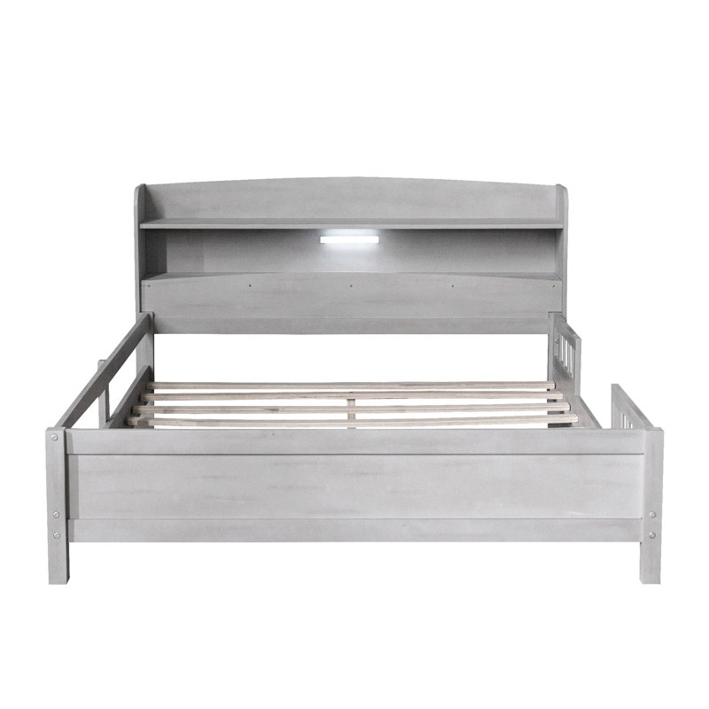 Lit plateforme en bois avec éclairage à DEL intégré, tête de lit avec rangement et garde-corps, Double, Gris antique