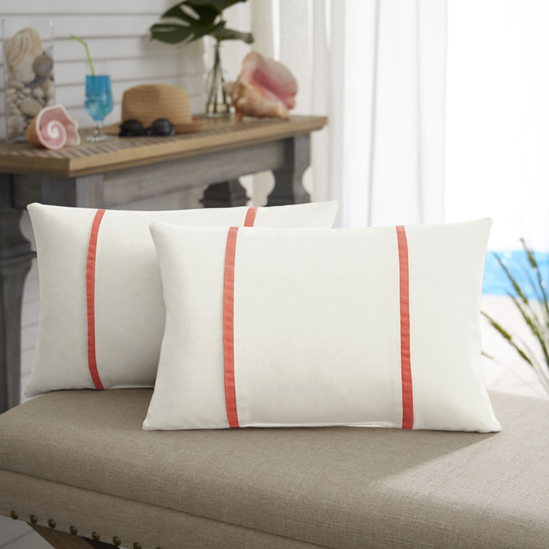 Furston Striped Outdoor Reversible Throw Pillow, White/Melon, 13" x 20"