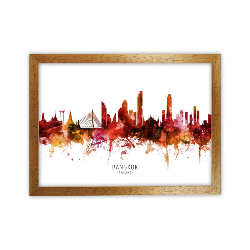 Bangkok Thailand Skyline Red City Name by Michael Tompsett - Print, 34cm H x 46cm W x 3cm D, Oak Framed