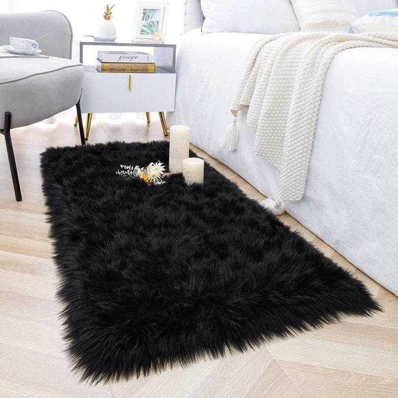 Ismene Solid Colour Shag Area Rug, Rectangle 100 x 180cm, Black