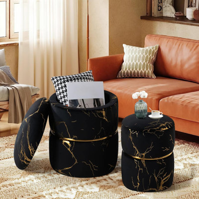 Vlvet Round Ottoman With Storage, Modern Footrest Upholstered Footstool Bronzed Fabrics Vanity Stool For Living Room, Bedroom, Dining Room Entrance Coffee Table,(Black/Set Of 2)