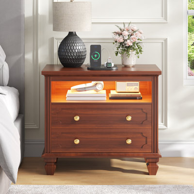 28''W Solid Wood Nightstand with Charging Station, 2-Drawer End Table with Sensor Lights