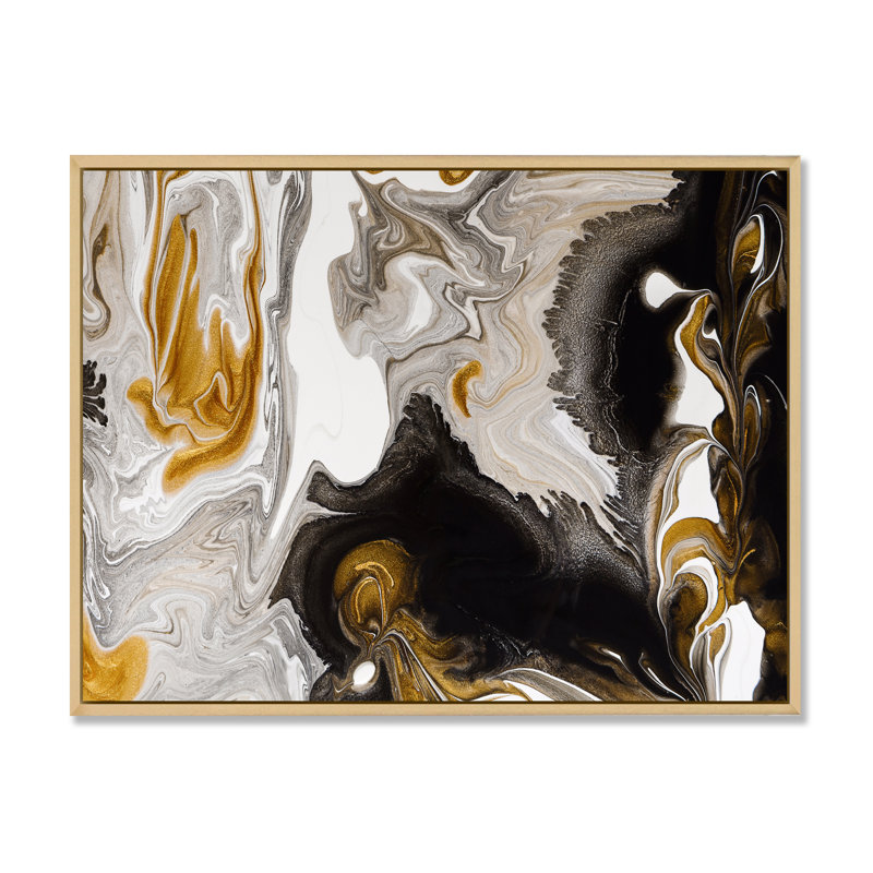 Or et vagues de marbre noir II - peinture sur toile, H 34 po x l 44 po, Cadre flottant en érable