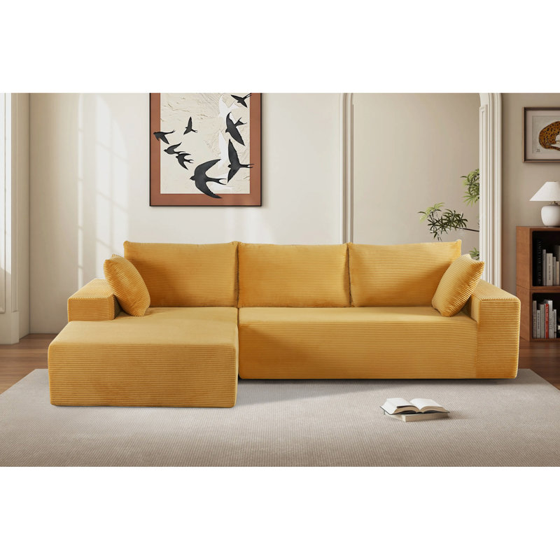 Left - Facing Ginger Yellow Corduroy 4 Seat Convertible Sectional, Soft Material, Full Foam Cushioning, No Assembly For Home Comfort Cozy Sleeper Sectional In Corduroy, Yellow, Design, Needed Use