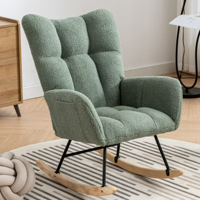 Chaise berçante avec poche, chaise berçante en tissu doux pour chambre de bébé, chaise berçante confortable à oreilles avec base en bois massif pour le salon, la chambre et le balcon (vert)