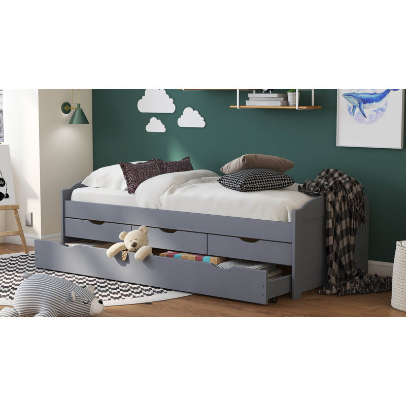 Ulli cot bed with trundle and 3 drawers - including slatted frame, 90 x 200 cm, Grey
