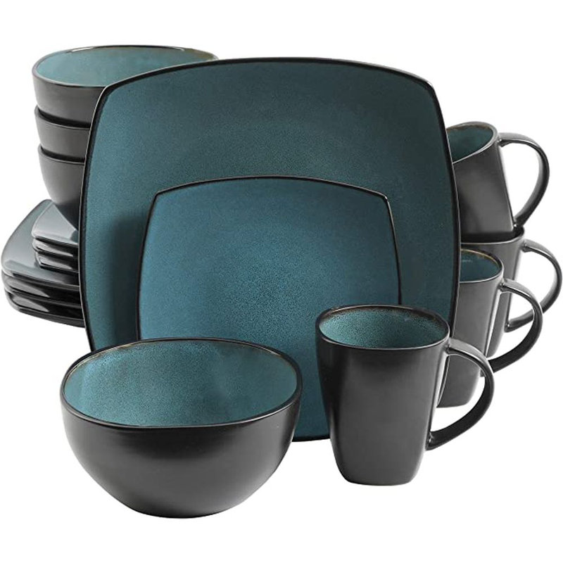 Teal and Black Square Porcelain Dinnerware Set, Service for 4