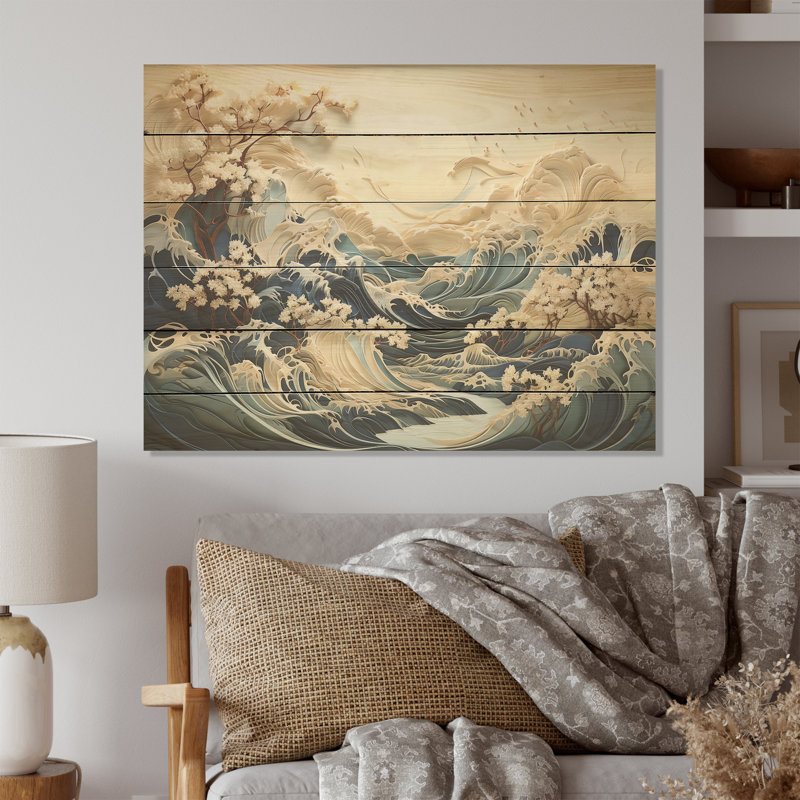 Vagues de sérénité I - Art montagnard sur bois de pin naturel, H 30 po x l 40 po