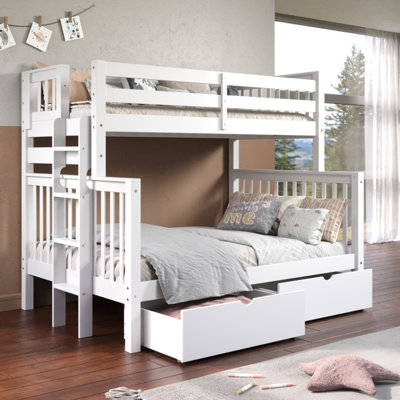 Treva Solid Wood Standard Bunk Beds Twin over Full, 4 Step Ladder, 2 Under-Bed Drawers, White