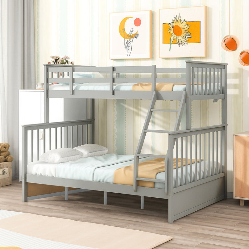 Lit superposé simple au-dessus de double en bois gris, équipé et doté de caractéristiques, construction en pin robuste, peut être divisé en deux pour plus de commodité, pas de sommier nécessaire, rampe supérieure - protection de la longueur, bas