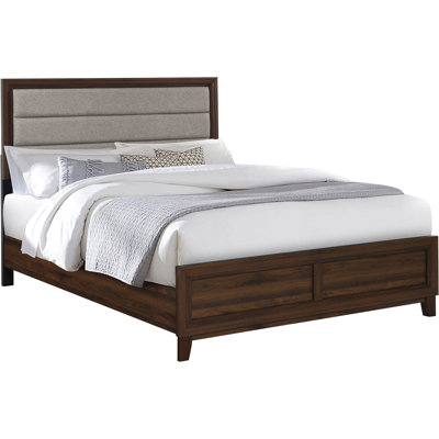 Très grand lit oriental, style moderne, finition noyer, tête de lit tapissier taupe, bois d'ingénierie et niveleurs réglables pour une retraite de chambre à coucher douce et fiable